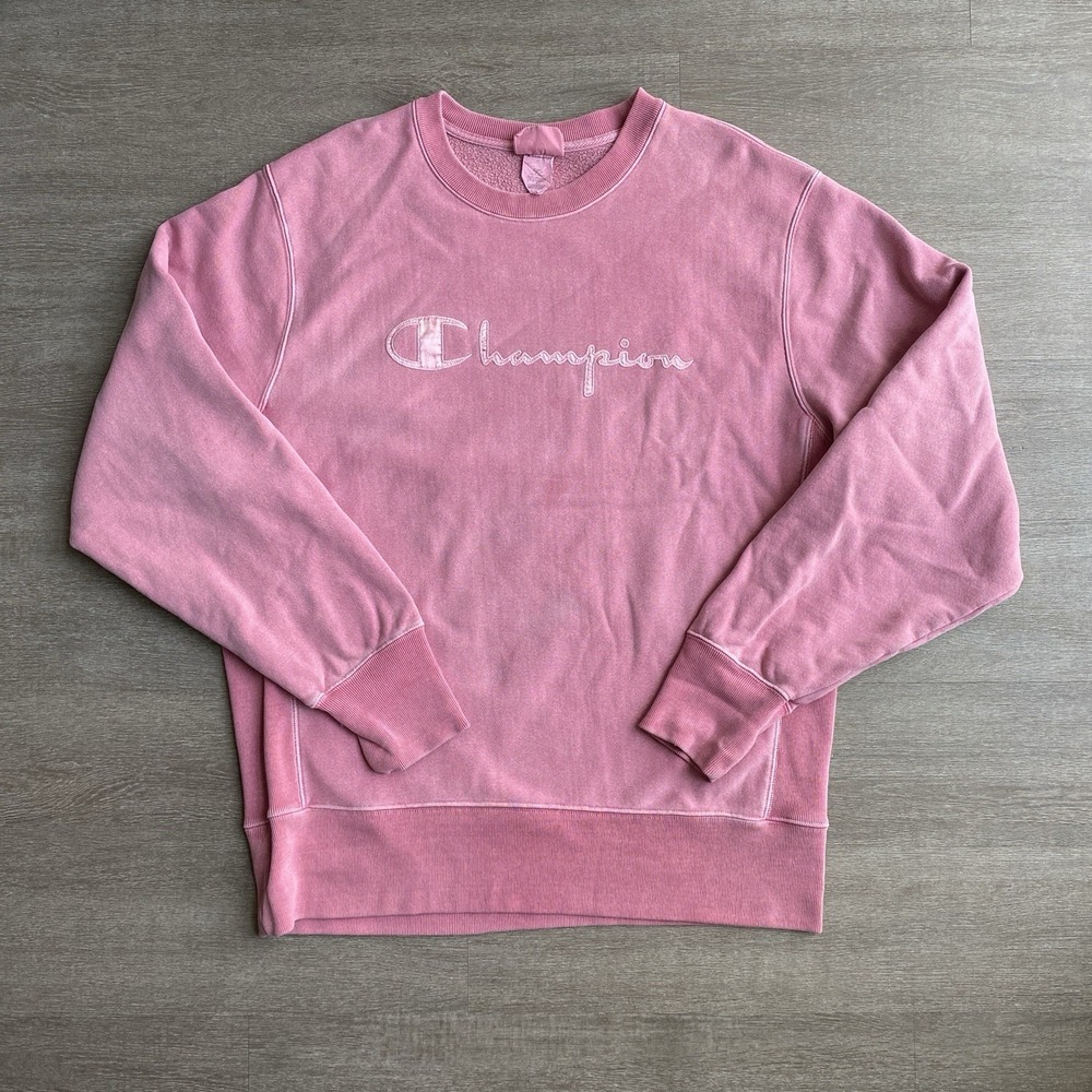 Champion Distressed Pink Vintage Crewneck Pullover Sweater Logo Cuffed Sleeve XL